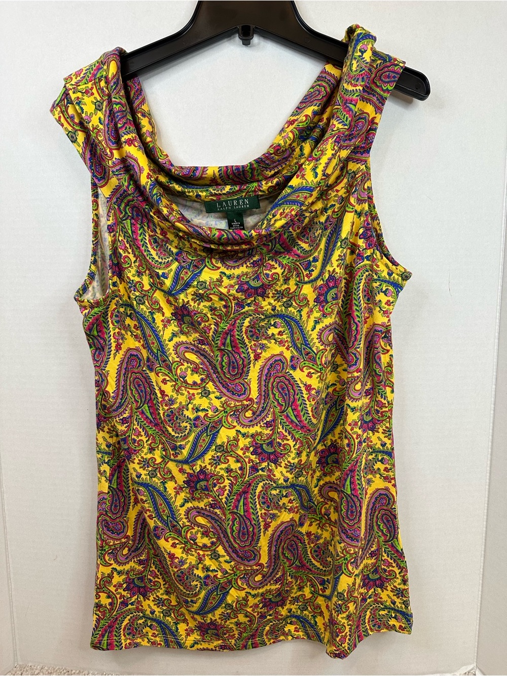 Ralph Lauren Yellow Paisley Cowl Neck Sleeveless Tank Top, size Large, Vintage